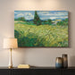 Canvas art print detailing a countryside composition with wheat and cypress, mounted in a softly lit interior space