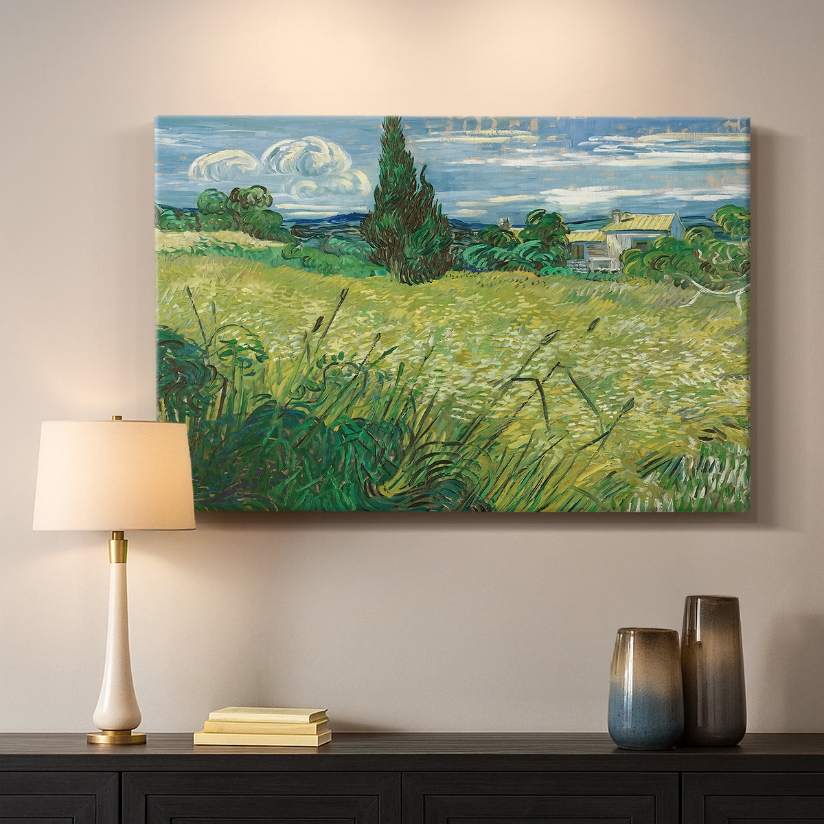 Canvas art print detailing a countryside composition with wheat and cypress, mounted in a softly lit interior space