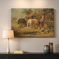 Canvas art print detailing a rustic depiction of animals grouped around food, mounted in a softly lit interior space