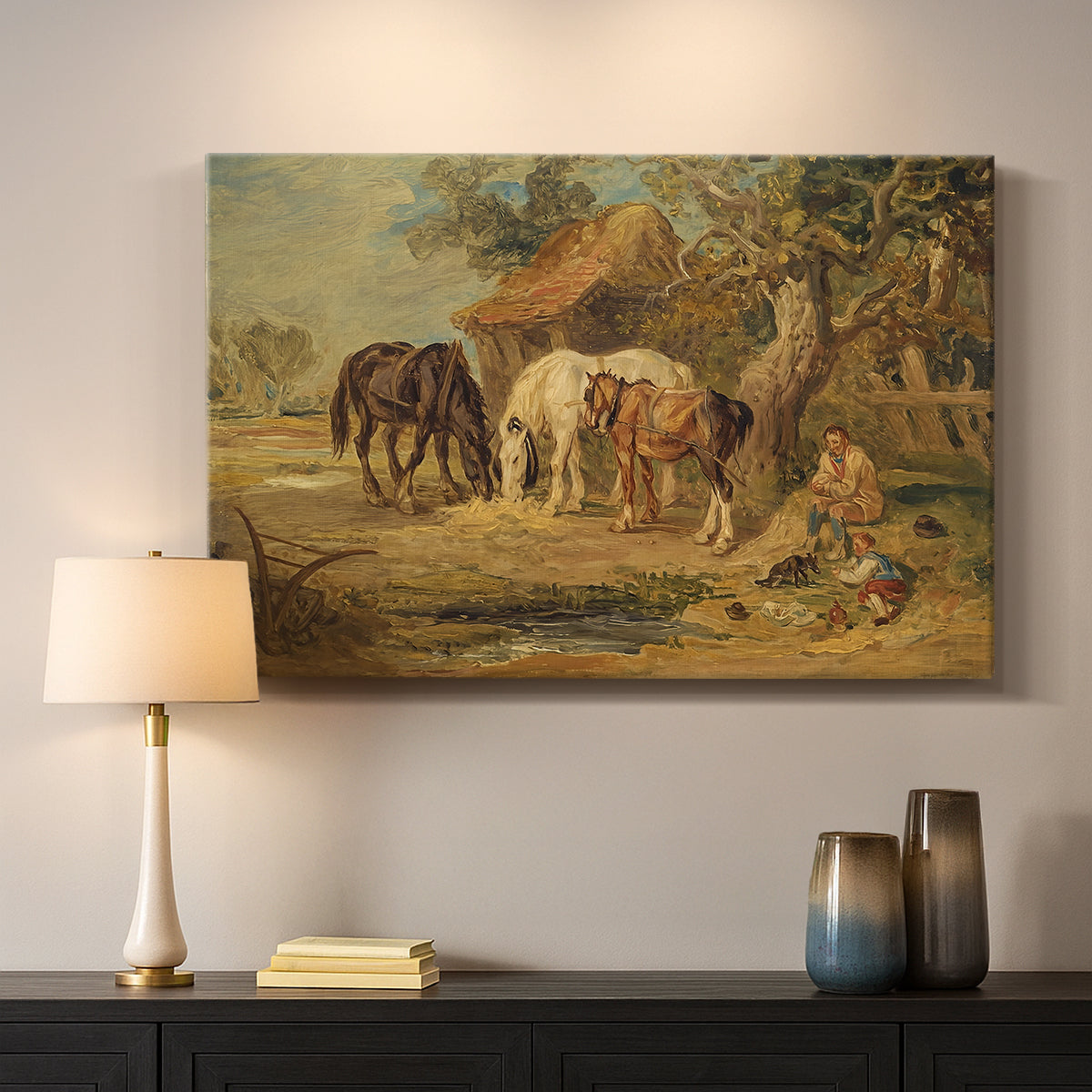 Canvas art print detailing a rustic depiction of animals grouped around food, mounted in a softly lit interior space