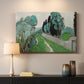 Canvas art print detailing a bright natural view with cypress and olive trees, mounted in a softly lit interior space