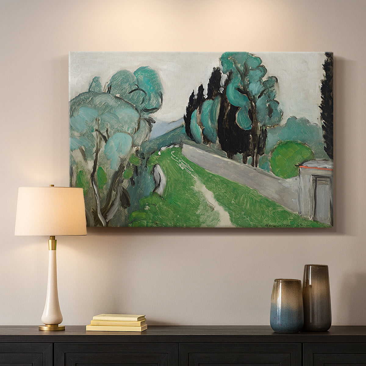 Canvas art print detailing a bright natural view with cypress and olive trees, mounted in a softly lit interior space