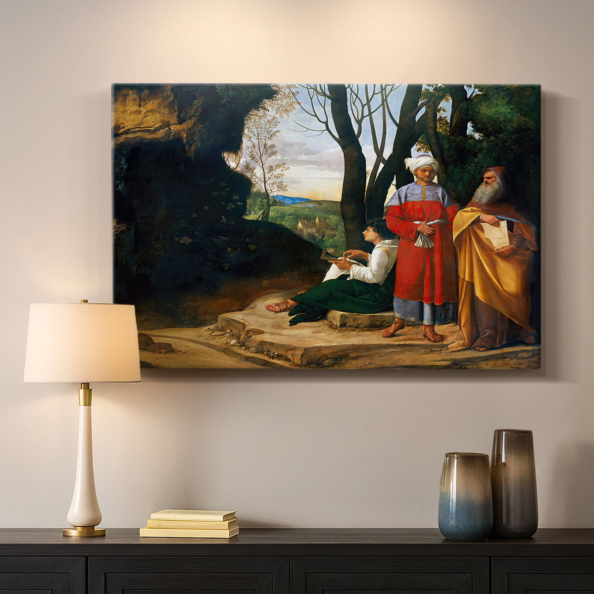 Canvas art print detailing a classical composition of thinkers gathered in outdoor environment, mounted in a softly lit interior space