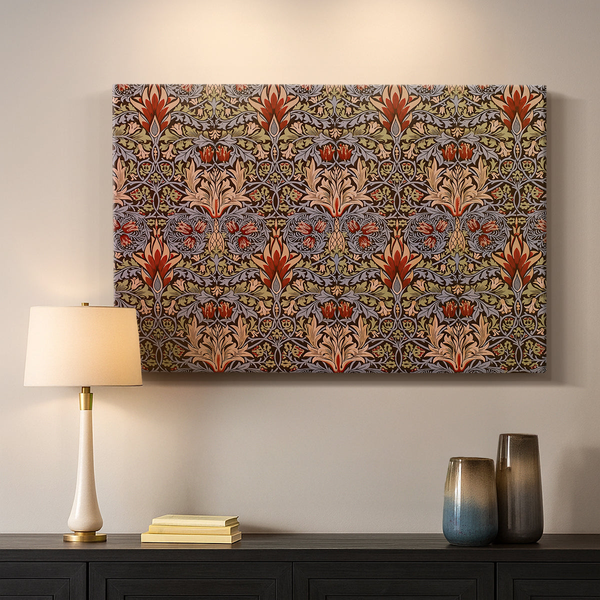 Canvas art print detailing a botanical motif arranged in structured repeat pattern, mounted in a softly lit interior space