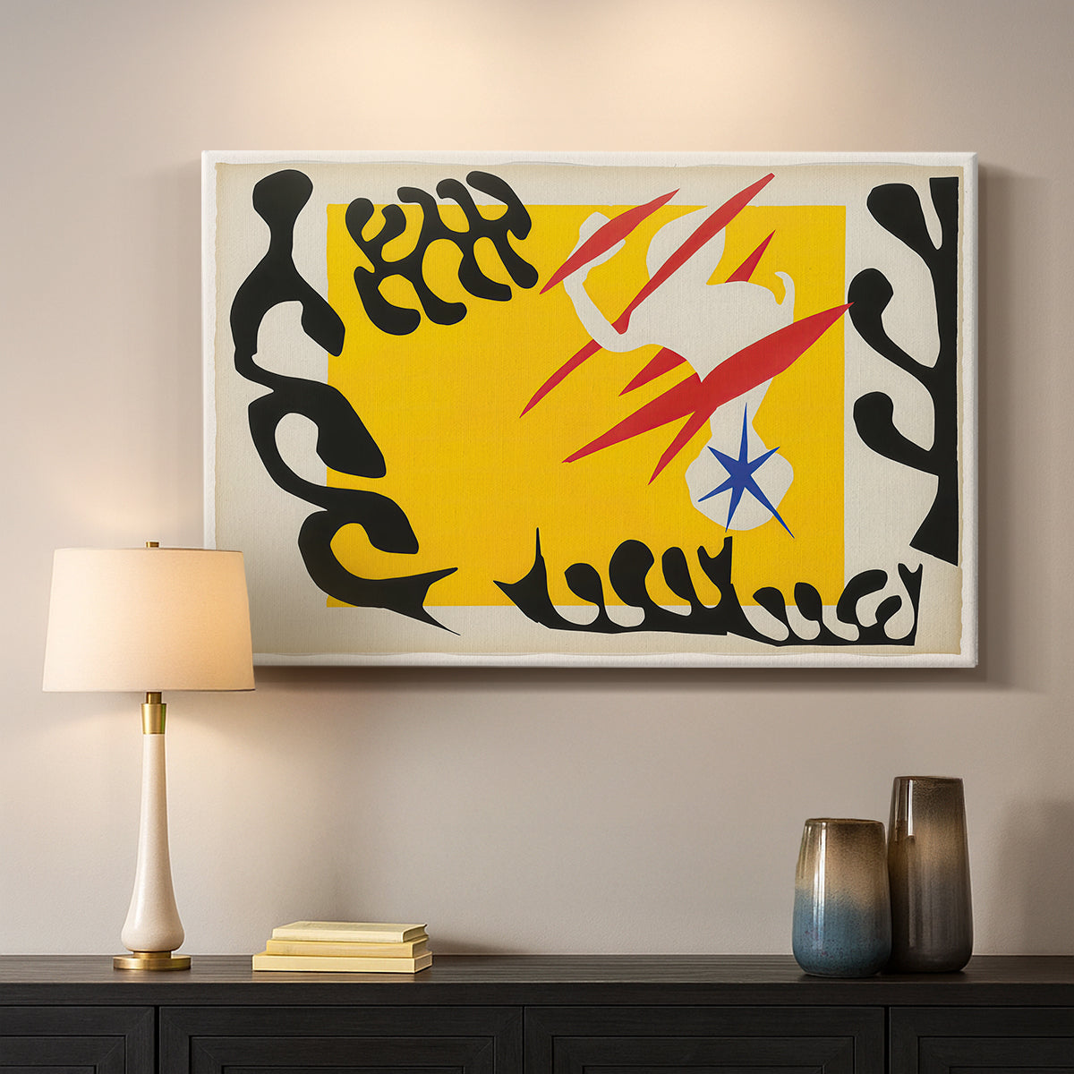 Canvas art print detailing a stylized cut-out design featuring animal imagery, mounted in a softly lit interior space