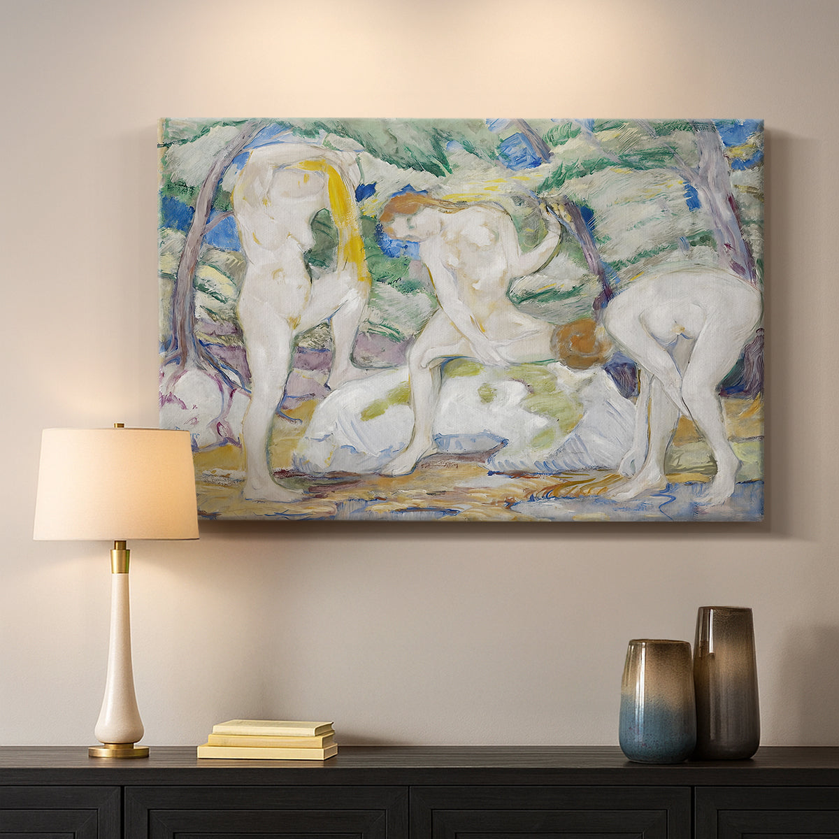 Canvas art print detailing an abstract composition of human figures within vibrant environment, mounted in a softly lit interior space