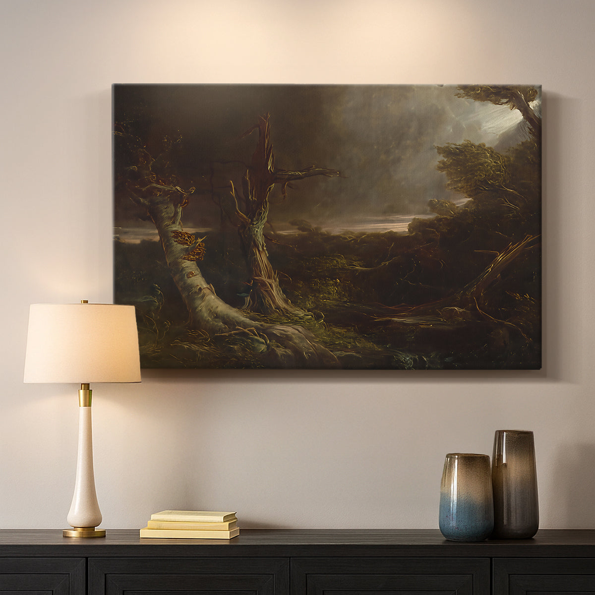 Canvas art print detailing a landscape emphasizing motion and storm intensity, mounted in a softly lit interior space