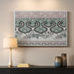 Canvas art print detailing a textile-style design with repeating curved and linear shapes, mounted in a softly lit interior space