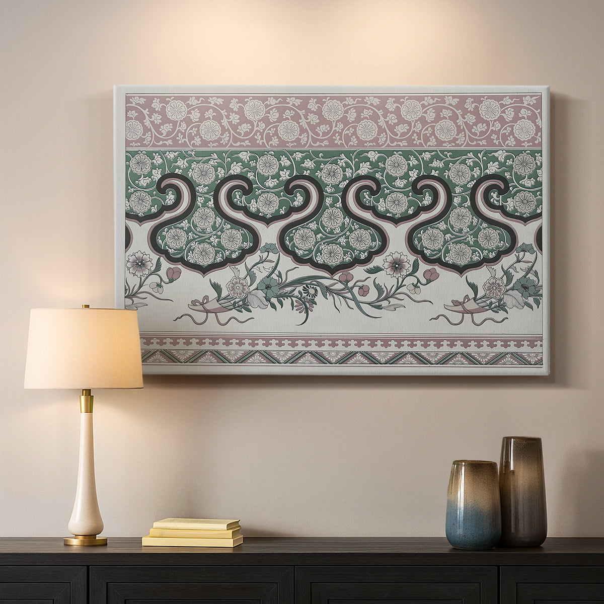 Canvas art print detailing a textile-style design with repeating curved and linear shapes, mounted in a softly lit interior space