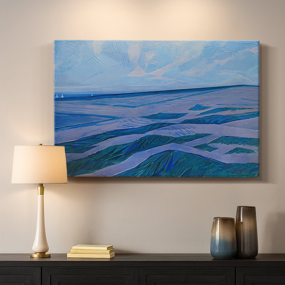 Canvas art print detailing a stylized coastal scene with layered horizontal composition, mounted in a softly lit interior space
