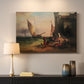 Canvas art print detailing a narrative composition with people and shoreline setting, mounted in a softly lit interior space