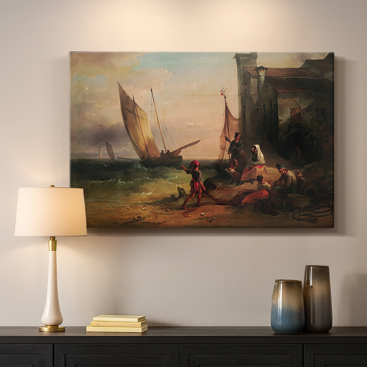 Canvas art print detailing a narrative composition with people and shoreline setting, mounted in a softly lit interior space