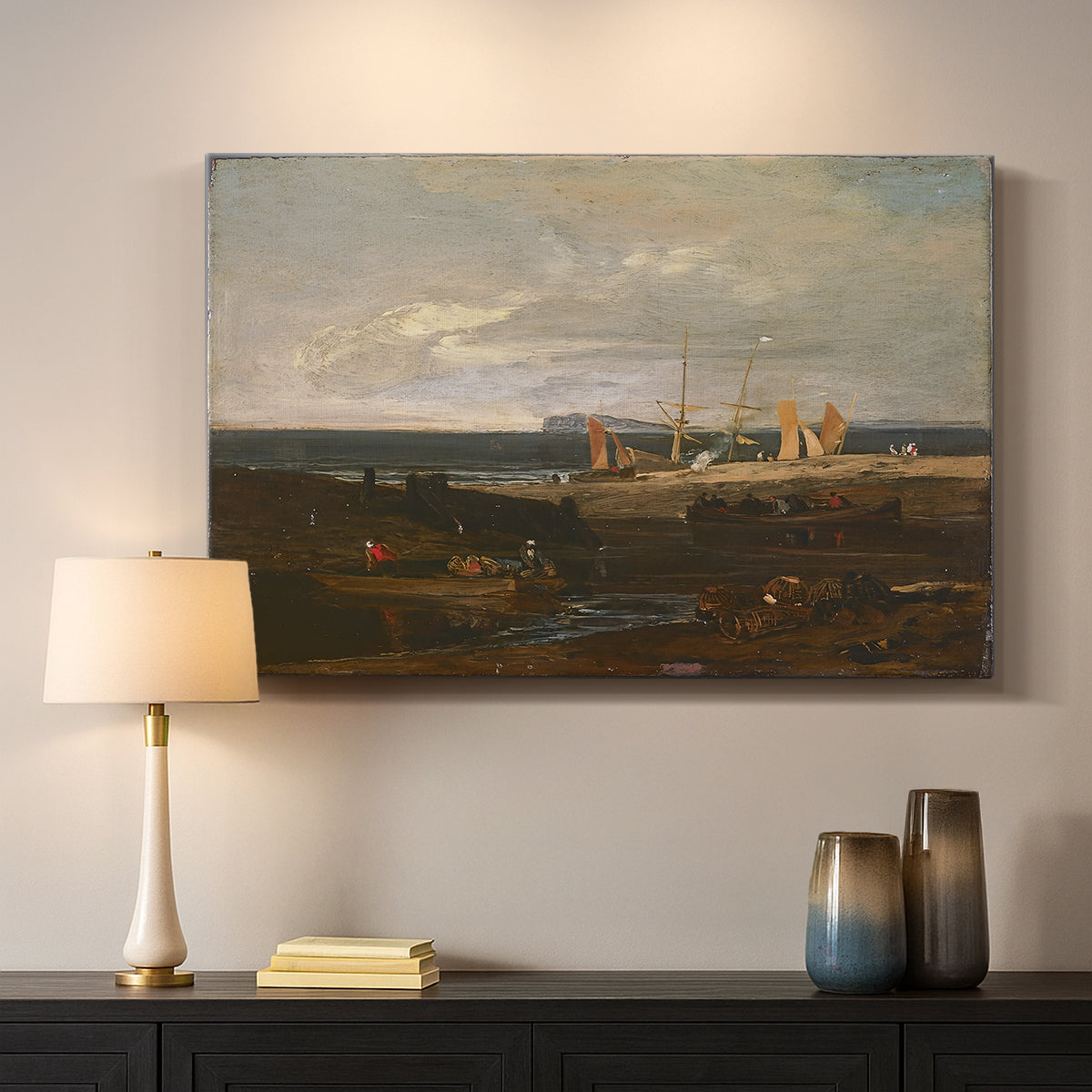 Canvas art print detailing an expressive coastal landscape, mounted in a softly lit interior space