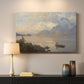 Canvas art print detailing a serene natural setting with water and mountainous backdrop, mounted in a softly lit interior space