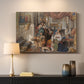 Canvas art print detailing a narrative depiction of pilgrims outdoors, mounted in a softly lit interior space