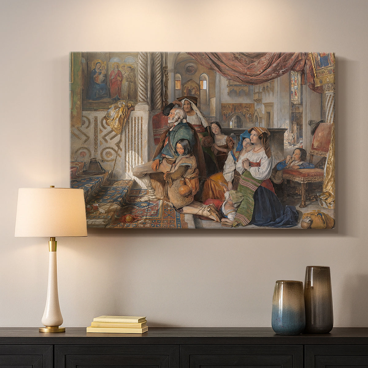 Canvas art print detailing a narrative depiction of pilgrims outdoors, mounted in a softly lit interior space