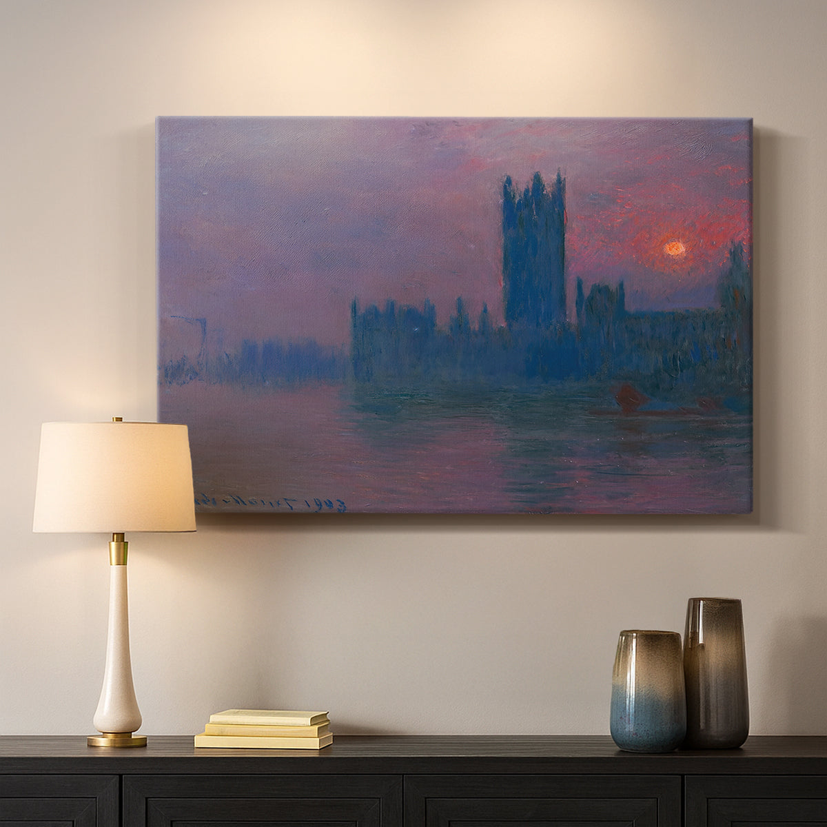 Canvas art print detailing a dramatic skyline with reflections under colorful sky, mounted in a softly lit interior space