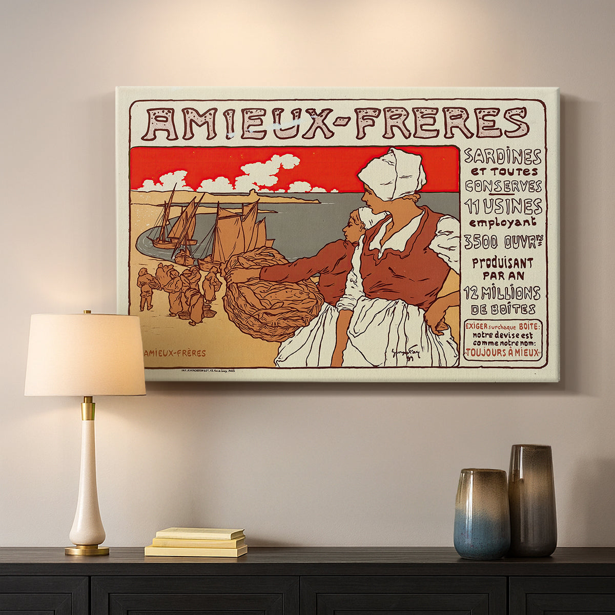 Canvas art print detailing a decorative commercial poster with figures and text in Art Nouveau style, mounted in a softly lit interior space