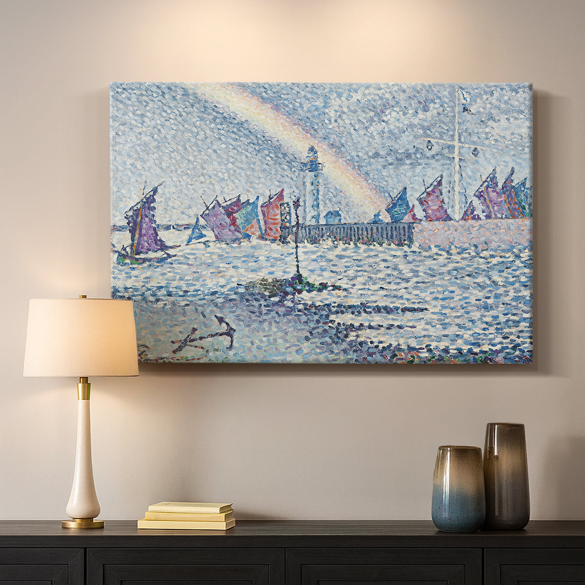 Canvas art print detailing a maritime composition with boats and port architecture, mounted in a softly lit interior space