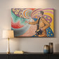 Canvas art print detailing a graphic portrait composition, mounted in a softly lit interior space