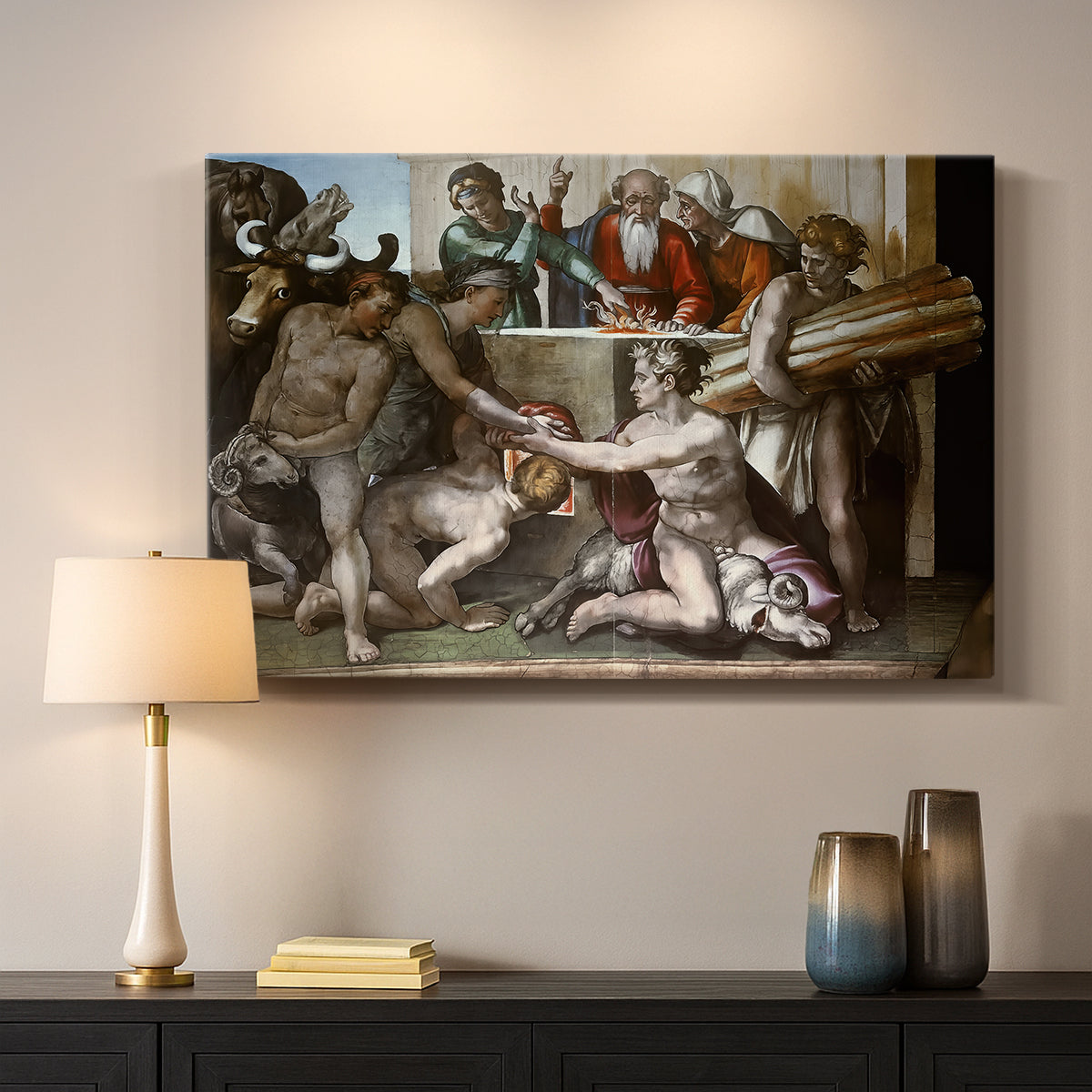 Canvas art print detailing a traditional depiction of biblical sacrifice, mounted in a softly lit interior space