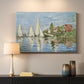 Canvas art print detailing a dynamic nautical scene with boats moving across river, mounted in a softly lit interior space