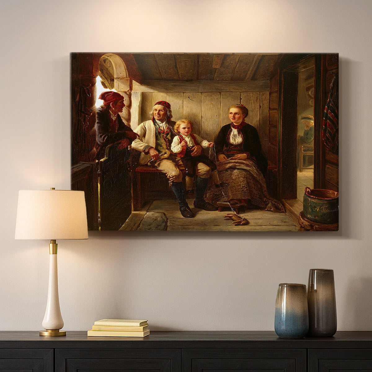 Canvas art print detailing a realistic depiction of peasants gathered in a rustic home setting, mounted in a softly lit interior space