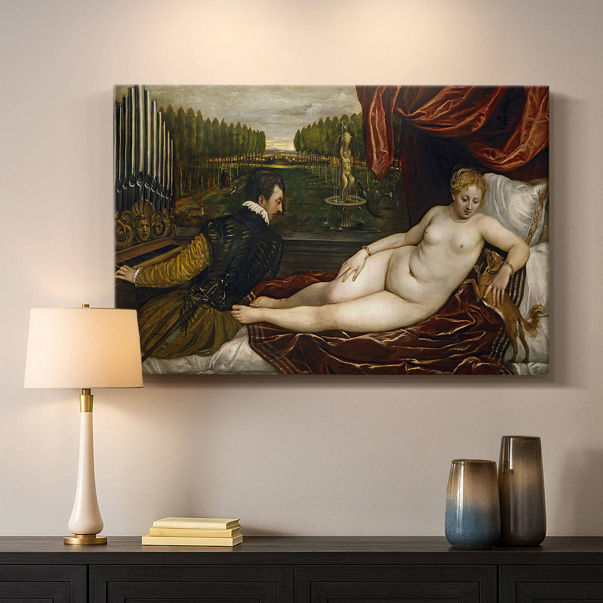 Canvas art print detailing a classical interior with reclining Venus and seated organist, mounted in a softly lit interior space