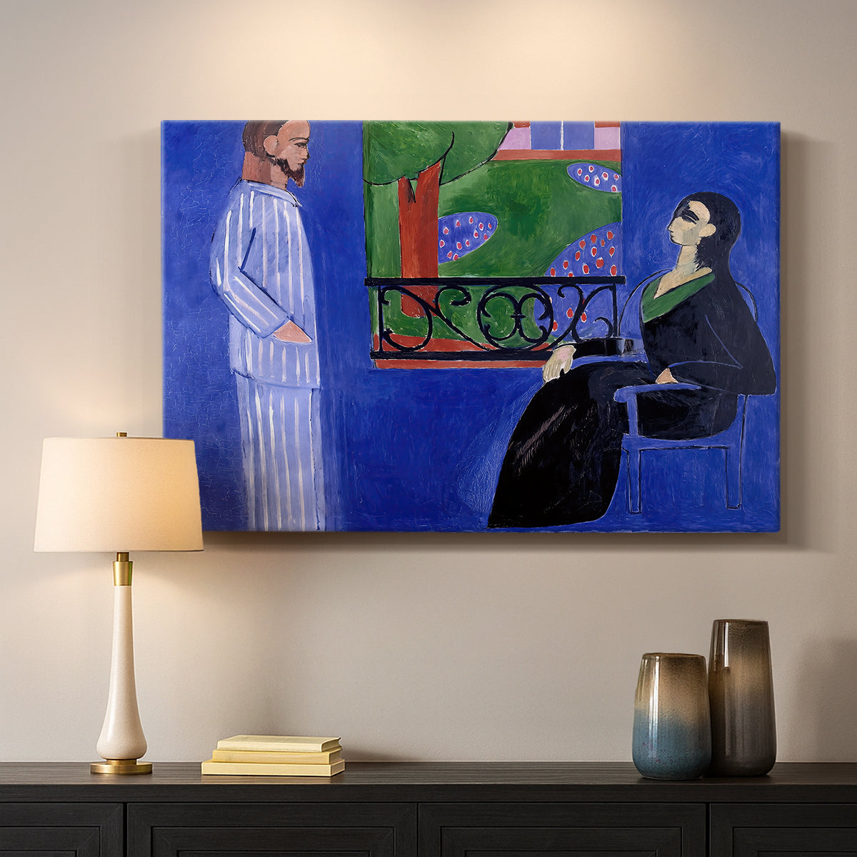Canvas art print detailing a bold composition of two figures in a room, mounted in a softly lit interior space