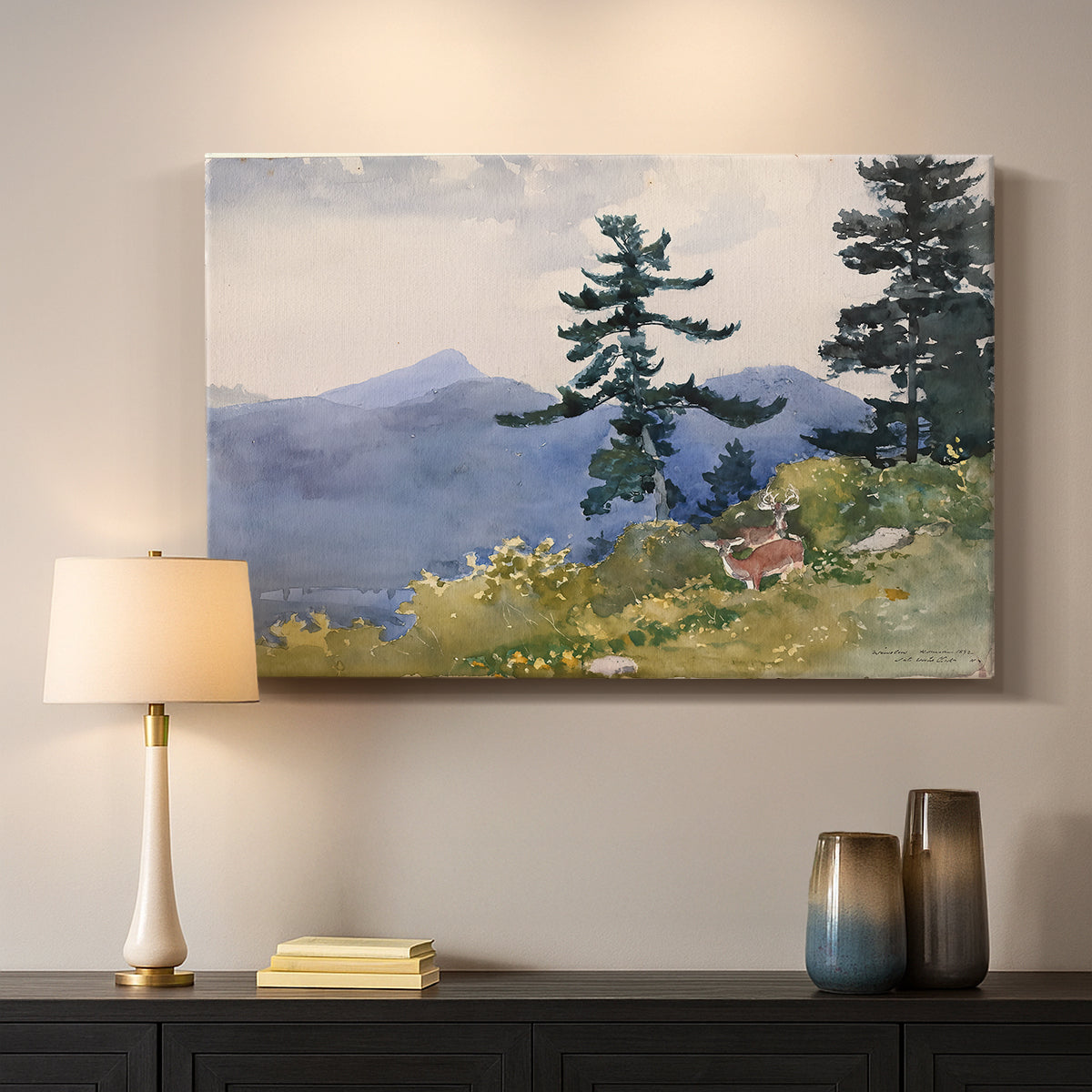 Canvas art print detailing a natural composition with trees and subtle human presence, mounted in a softly lit interior space