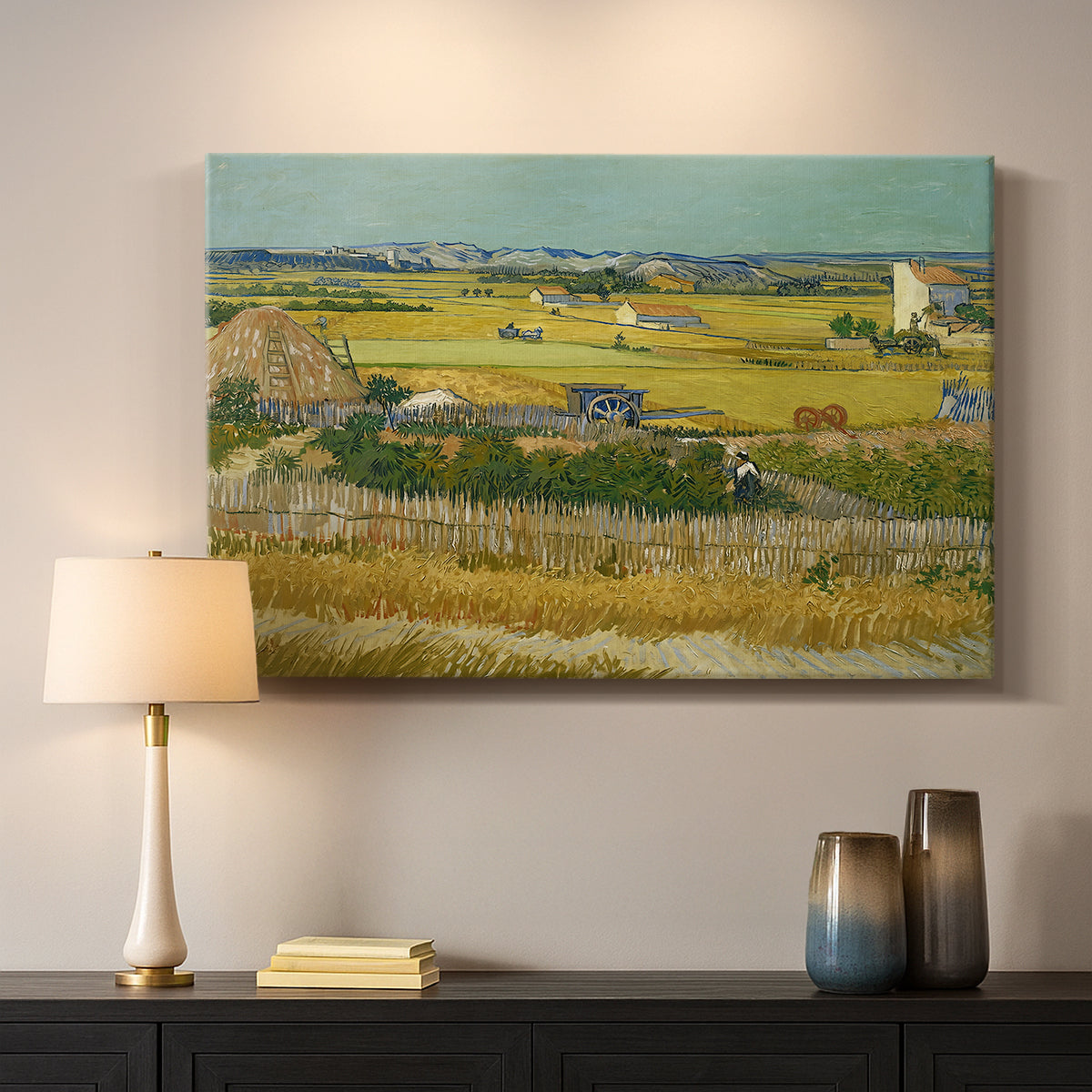 Canvas art print detailing a post-impressionist composition emphasizing seasonal work, mounted in a softly lit interior space