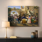 Canvas art print detailing an interior composition filled with figures in festive interaction, mounted in a softly lit interior space