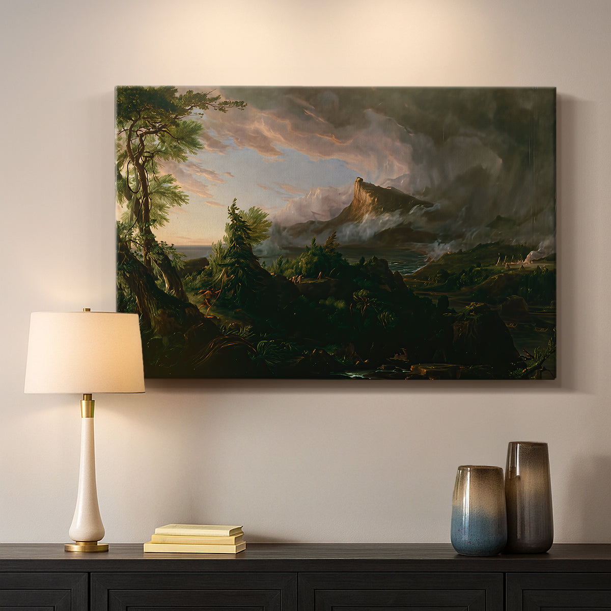 Canvas art print detailing a depiction of nature-dominated world before development, mounted in a softly lit interior space