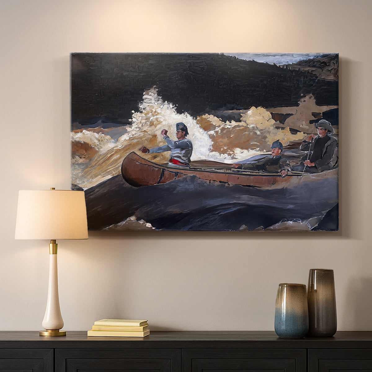 Canvas art print detailing a dynamic water scene with figures steering boat through rapids, mounted in a softly lit interior space