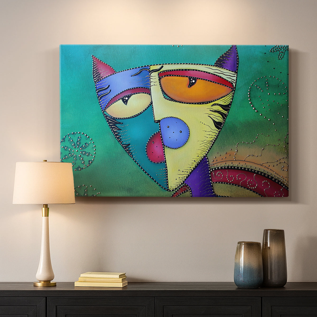Canvas art print detailing a stylized cat with symmetry, mounted in a softly lit interior space