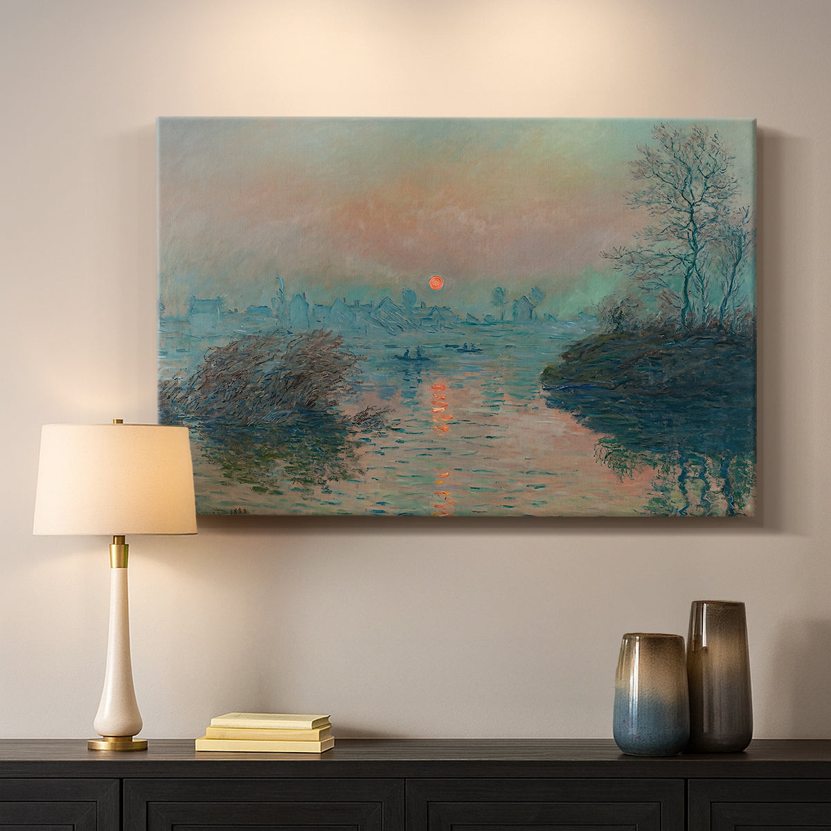 Canvas art print detailing an atmospheric landscape combining cold tones and warm sky, mounted in a softly lit interior space