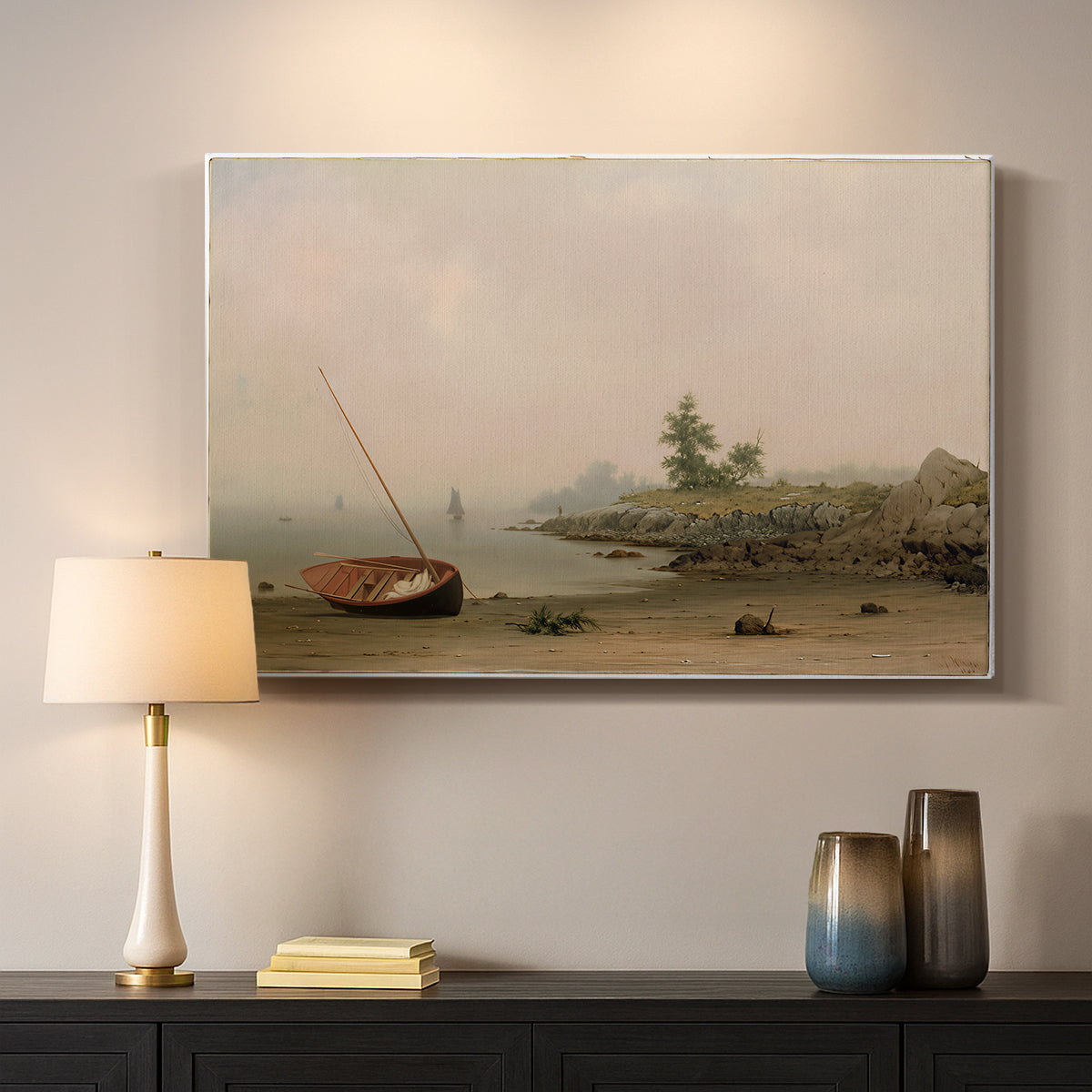 Canvas art print detailing a luminist composition emphasizing stillness and light, mounted in a softly lit interior space