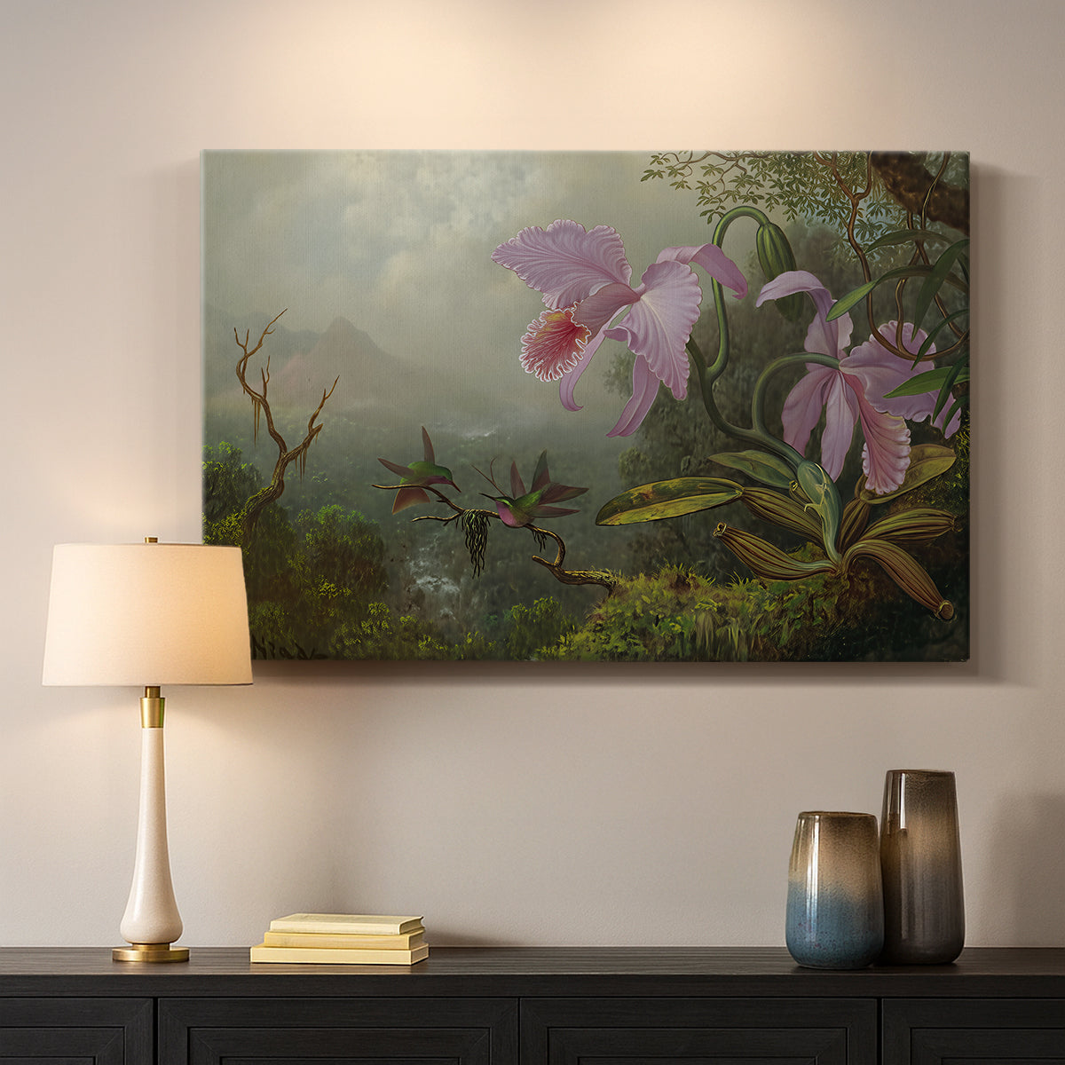 Canvas art print detailing a luminist depiction of birds, mounted in a softly lit interior space