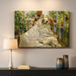 Canvas art print detailing an expressive depiction of group engaged in manual work, mounted in a softly lit interior space