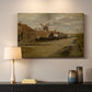 Canvas art print detailing a landscape featuring mill and calm environment, mounted in a softly lit interior space