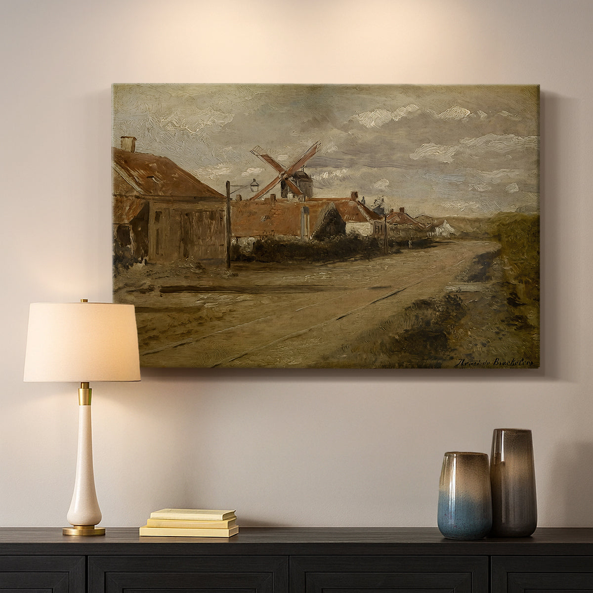 Canvas art print detailing a landscape featuring mill and calm environment, mounted in a softly lit interior space