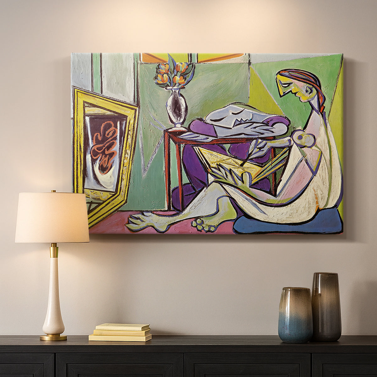 Canvas art print detailing a stylized human figure with layers, mounted in a softly lit interior space