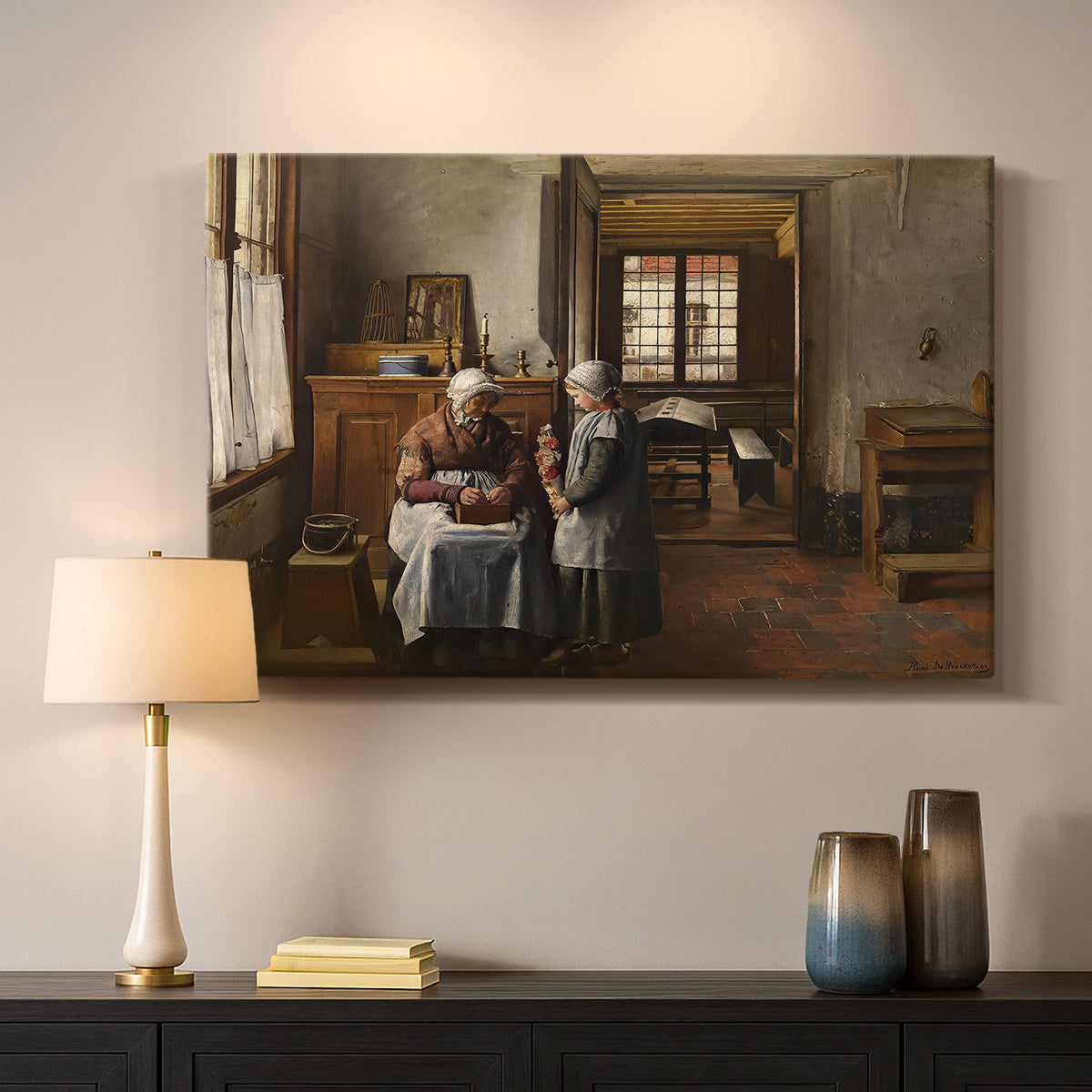 Canvas art print detailing a rustic interior with figures arranged around food, mounted in a softly lit interior space