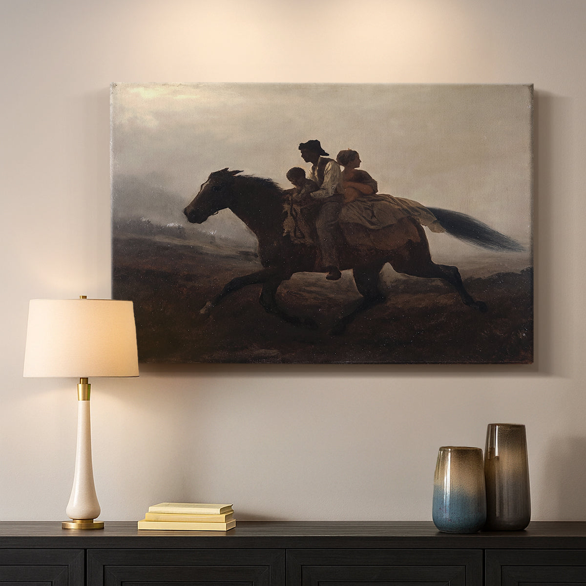 Canvas art print detailing figures on horse moving swiftly through shadowy landscape, mounted in a softly lit interior space