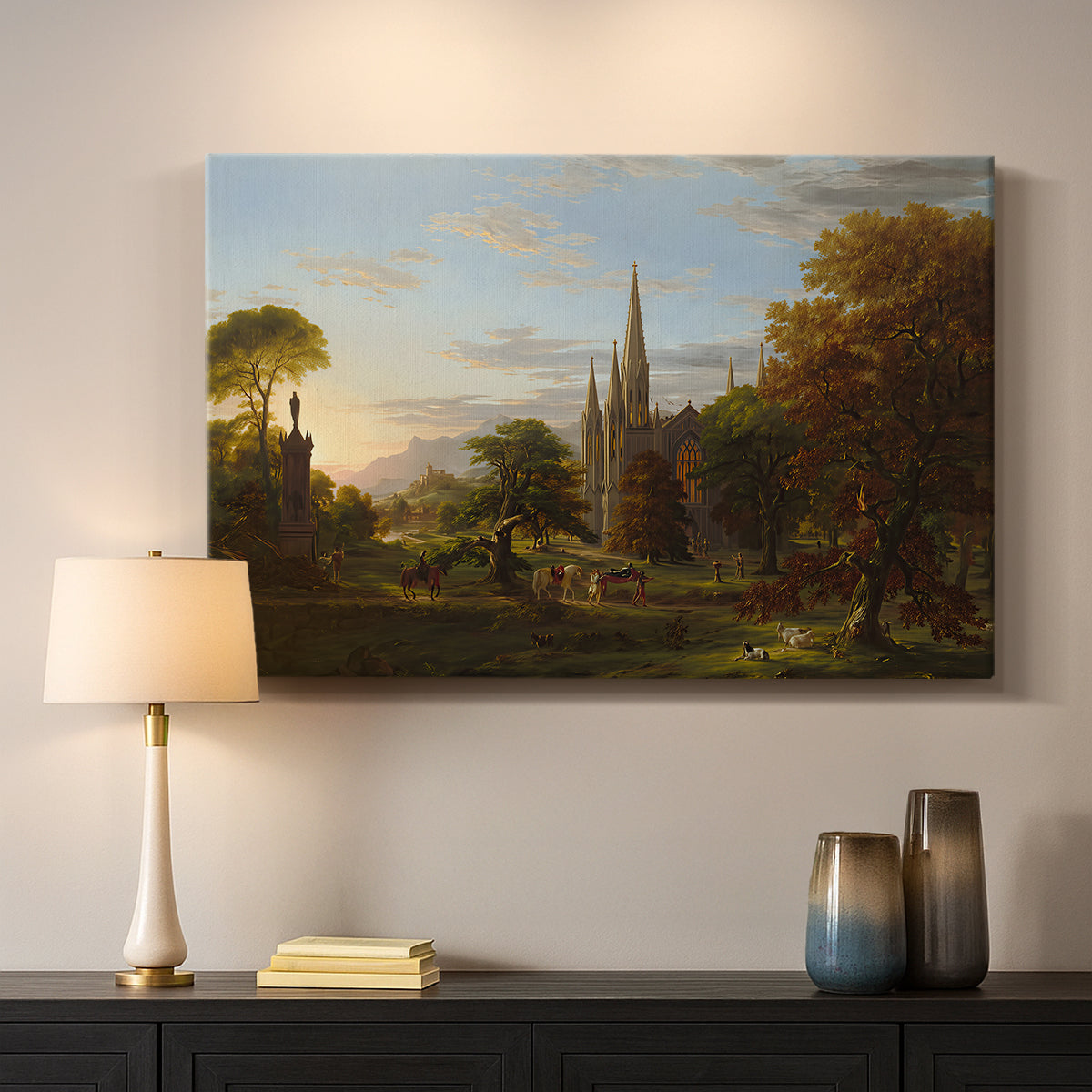 Canvas art print detailing a romantic composition showing movement toward distant buildings, mounted in a softly lit interior space