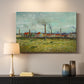 Canvas art print detailing a post-impressionist composition combining buildings and horizon, mounted in a softly lit interior space