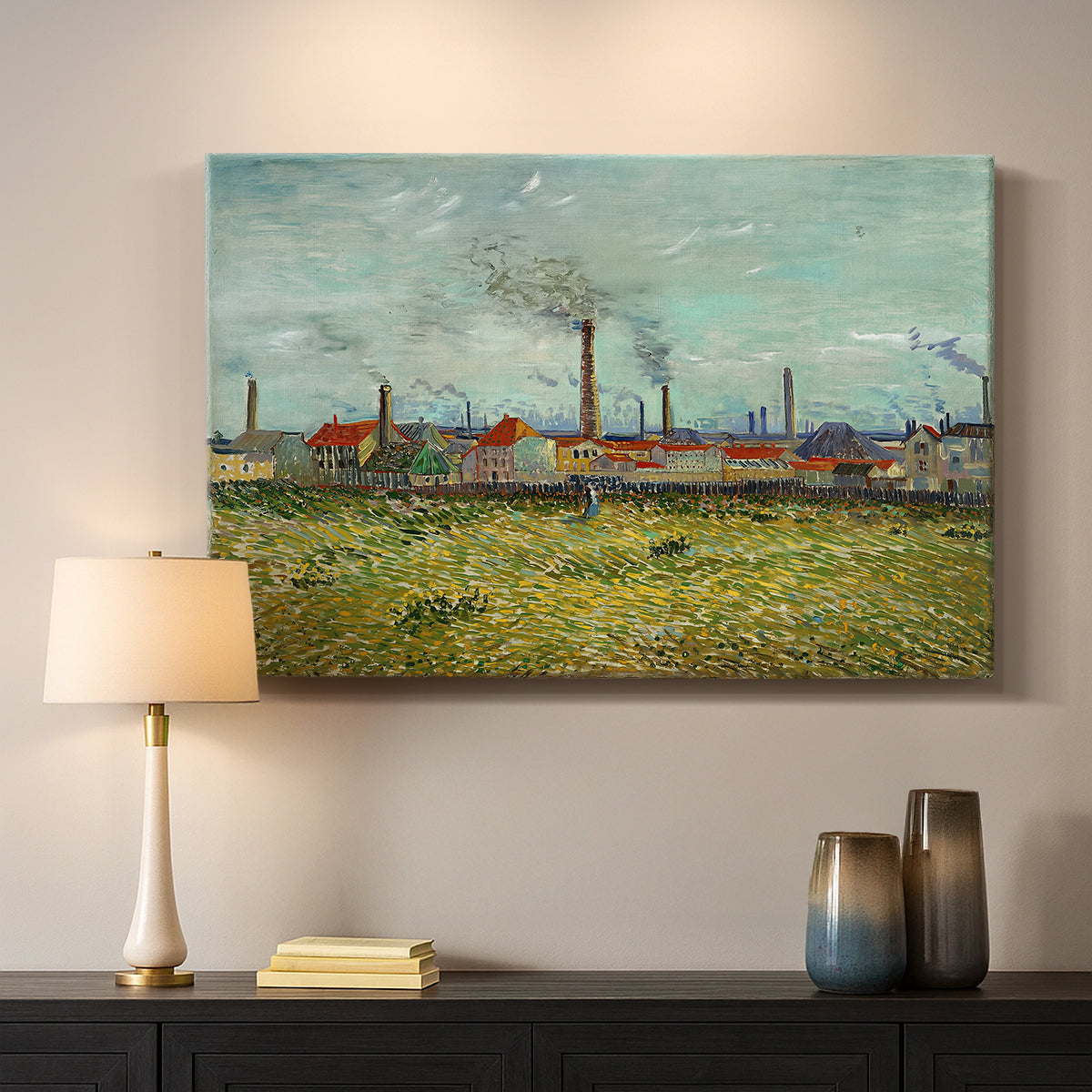 Canvas art print detailing a post-impressionist composition combining buildings and horizon, mounted in a softly lit interior space
