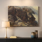 Canvas art print detailing a realistic depiction of mountainous terrain under open sky, mounted in a softly lit interior space