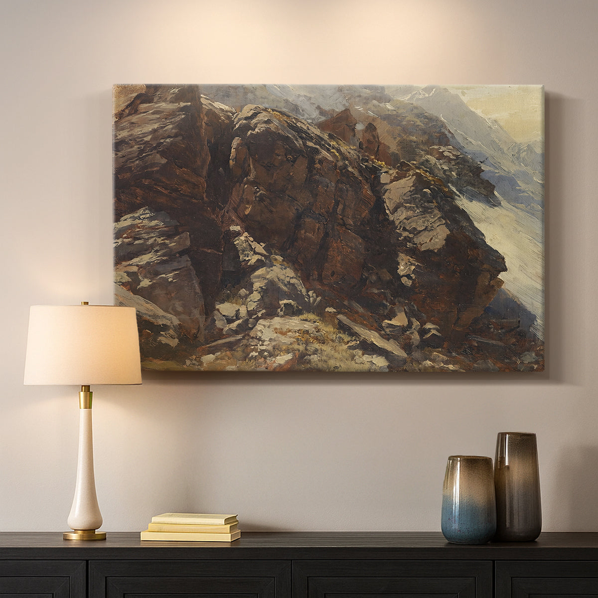 Canvas art print detailing a realistic depiction of mountainous terrain under open sky, mounted in a softly lit interior space
