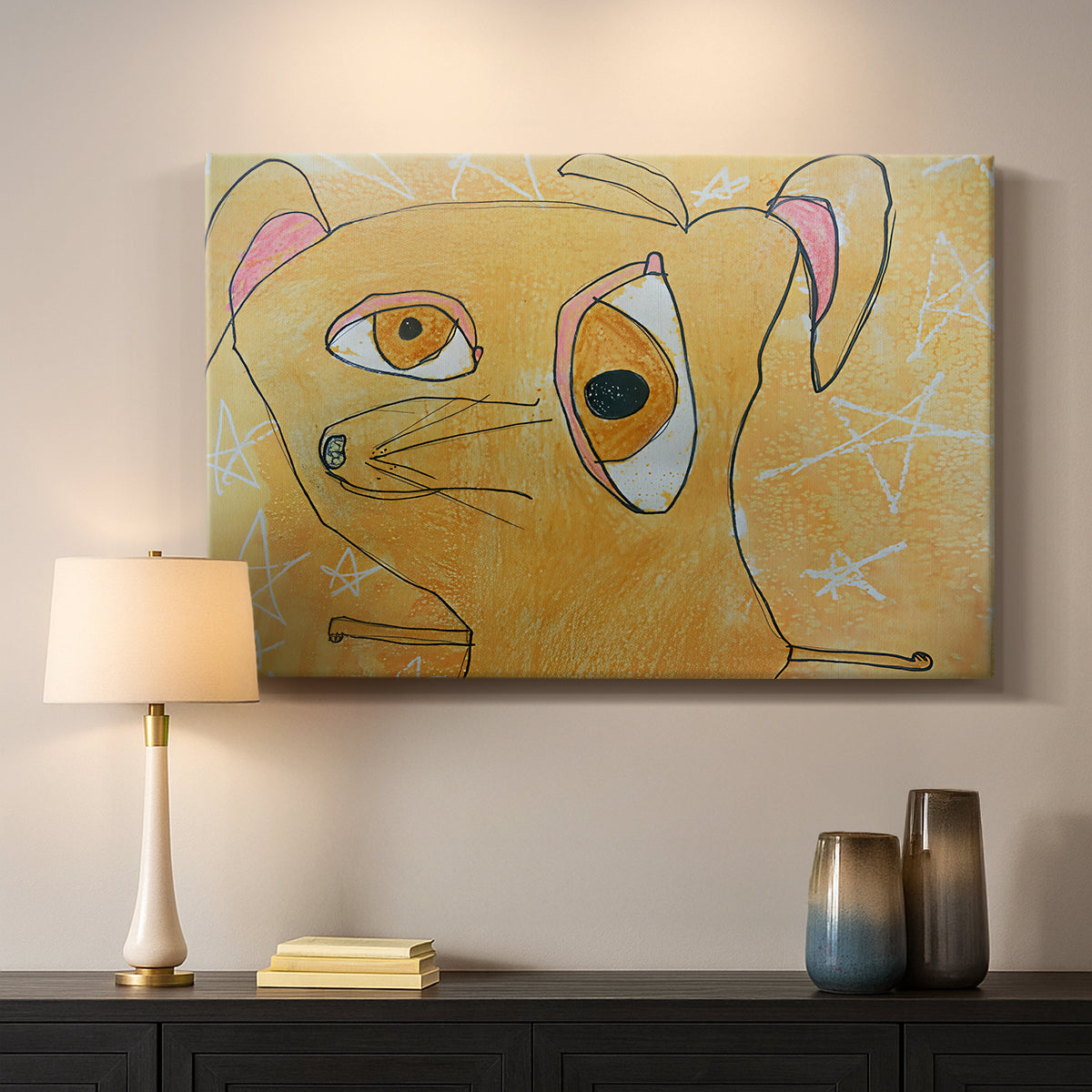 Canvas art print detailing a stylized canine in geometric structure, mounted in a softly lit interior space